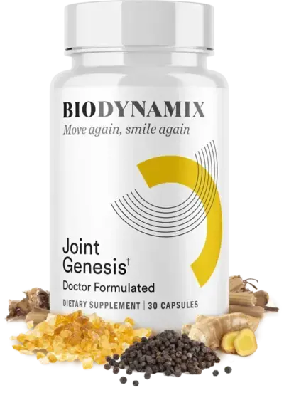 Joint Genesis joint health supplement bottle by Biodynamix, doctor formulated with Mobilee